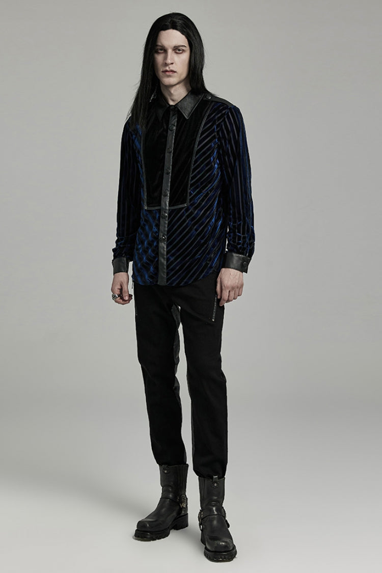 Black/Blue Lapel Collar Stitching Slim Men's Gothic Blouse