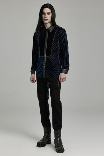 Black/Blue Lapel Collar Stitching Slim Men's Gothic Blouse