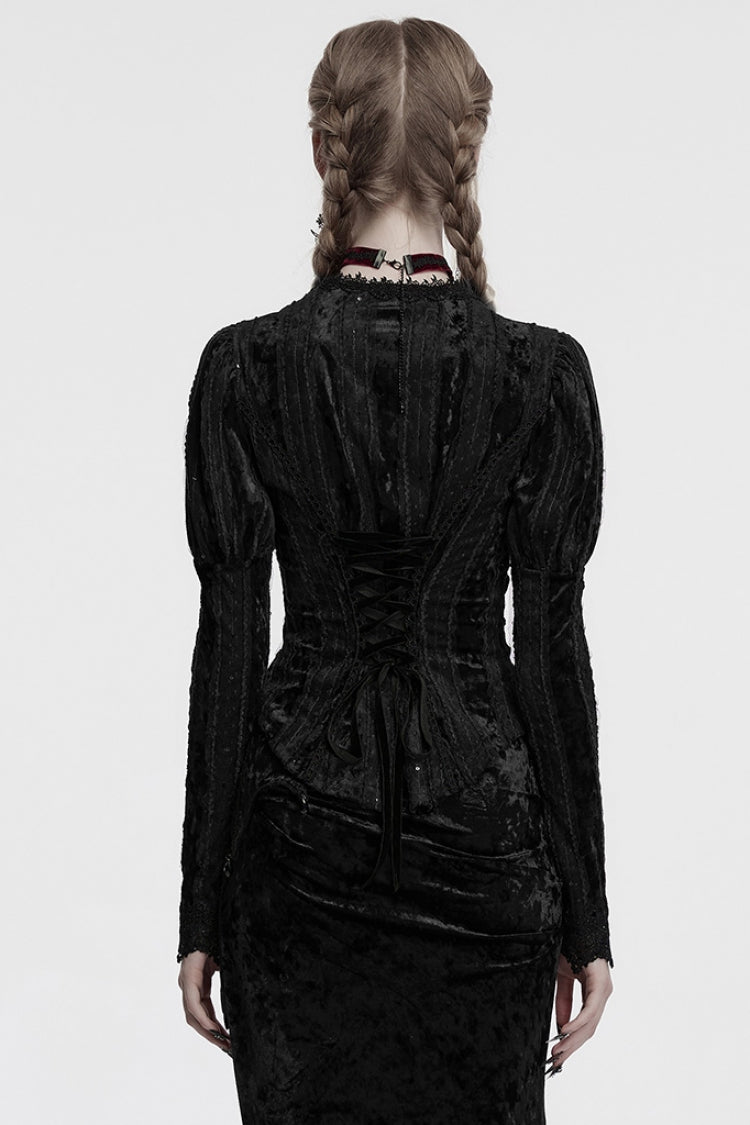 Black V Collar Long Puff Sleeves Women's Gothic Blouse