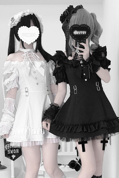Black/White Halterneck Short Sleeves Ruffle Bowknot Lace Jirai Kei Japanese Dress 2 Colors