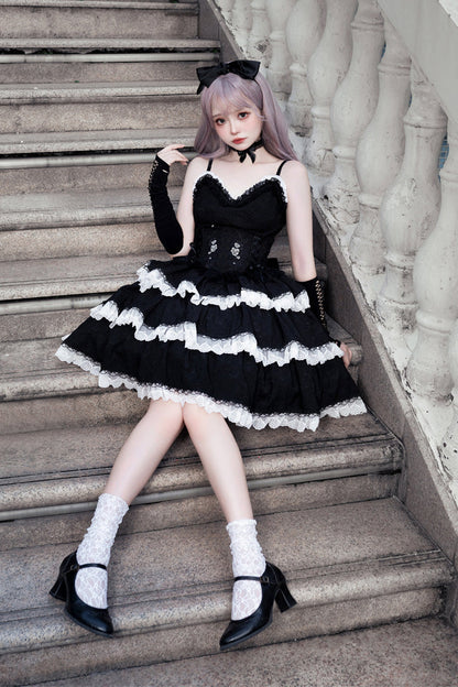 Black Triple-Layered Ruffle Embroidery Bowknot Gothic Lolita Jsk Dress