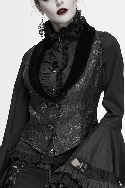 Black Velvet 3D Jacquard Low Collar Women's Gothic Waistcoat