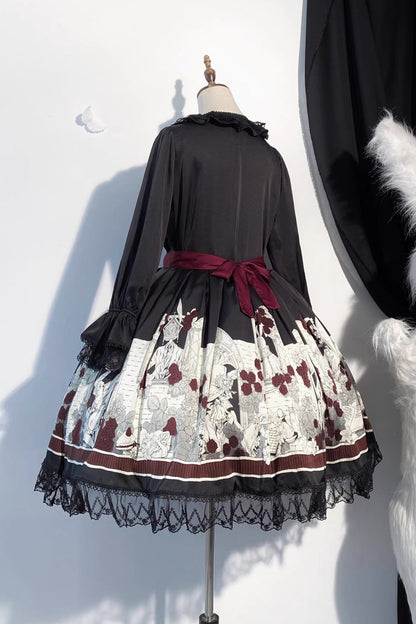 Black [Alice of the Asylum] Print Bowknot Lace Gothic Lolita Dress 2 Versions