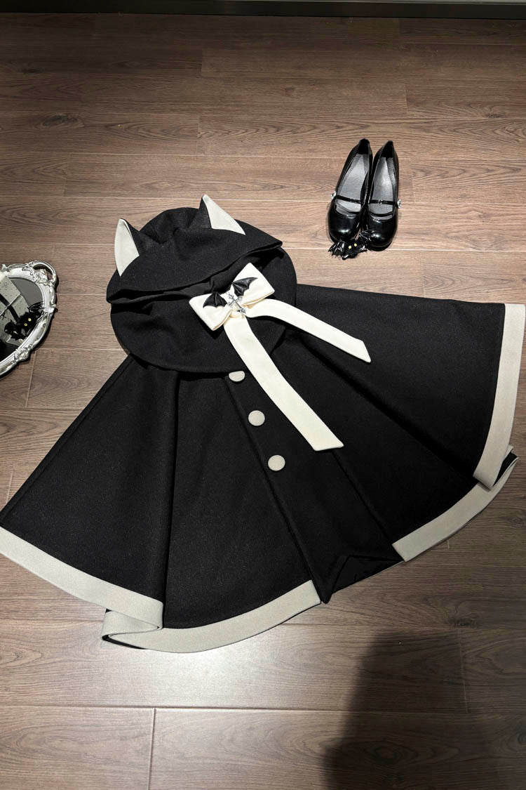 Black/Pink Bat Bowknot Cloak Wool Sweet Lolita Coat