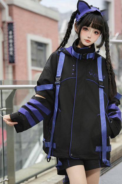 Blue/Black Long Sleeves Print Cat Ears Hooded Jirai Kei Handsome Coat