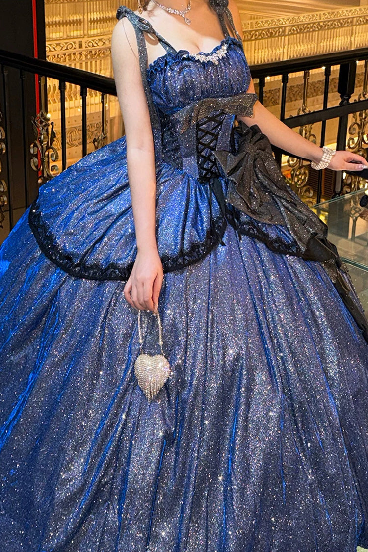 Blue [Galaxy of Fallen Tears] Sleeveless Glitter Series Ruffled Bow Asymmetric Sweet Lolita Jsk Dress