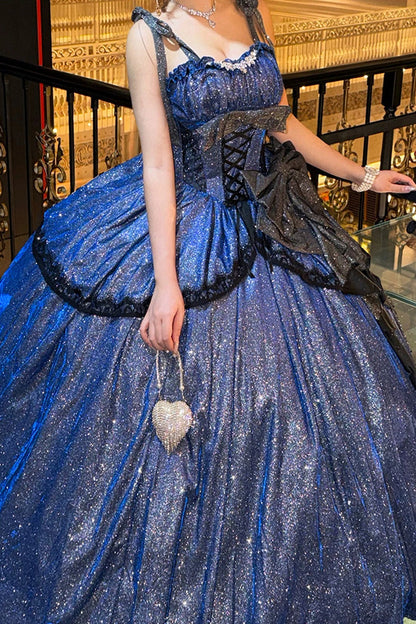 Blue [Galaxy of Fallen Tears] Sleeveless Glitter Series Ruffled Bow Asymmetric Sweet Lolita Jsk Dress