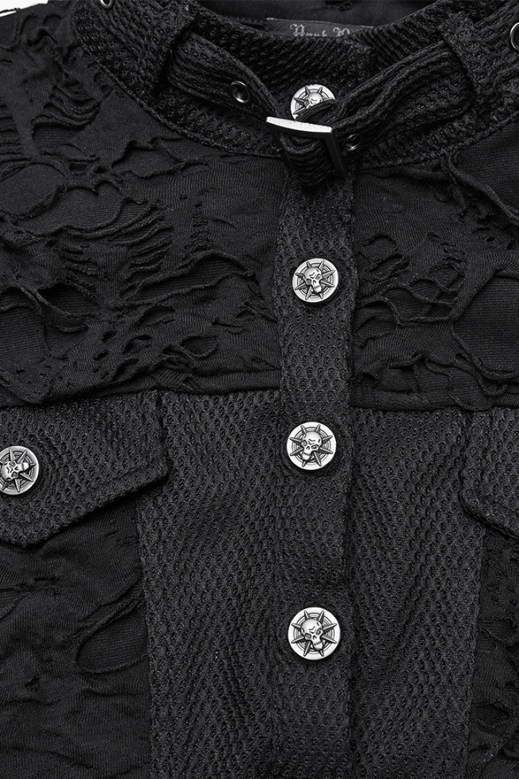 Black Stand Collar Sleeveless Ripped Buckle Women's Punk Short Vest