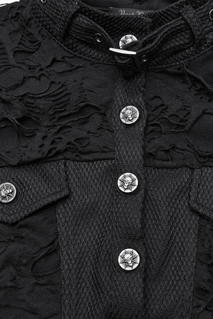 Black Stand Collar Sleeveless Ripped Buckle Women's Punk Short Vest