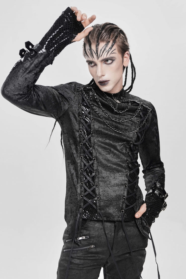 Black Stitching Lace-Up Mesh Chain Men's Punk Blouse