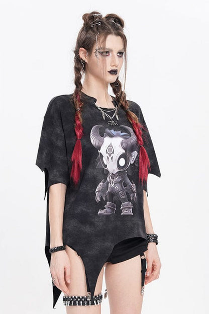 Black Short Sleeves Hitt Print Irregular Women's Punk T-Shirt