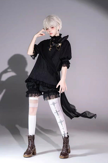 Black Stand Collar Long Short Sleeves Printed Ruffled Lace Gothic Ouji Lolita Set 2 Versions