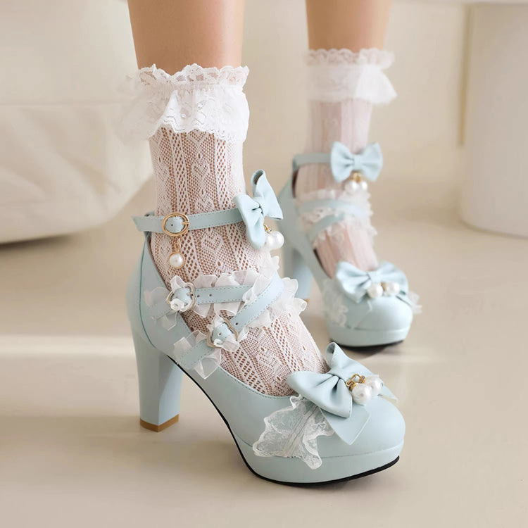 Sweet Ruffled Bow Lace Pearl-Decorated Lolita High Heels 6 Colors