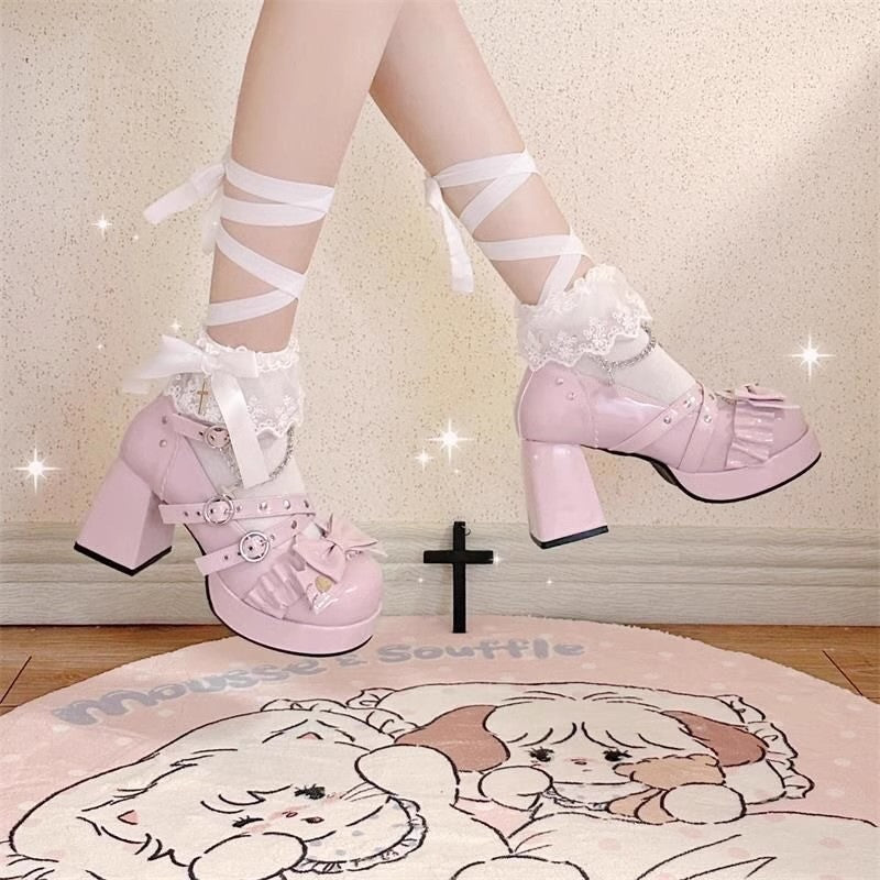 Gothic Cross Straps Bowknot Lolita High Heels 4 Colors