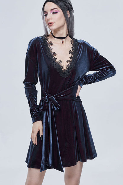 Black/Red Gothic Lace V Neck Bow-Knot Frenulum Velvet Long Sleeve Women's Dress