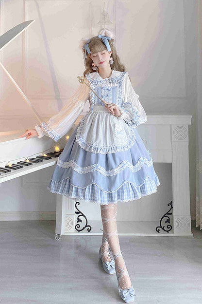 Blue Lapel Collar Bowknot Multi-Layer Ruffled Sweet Lolita JSK Dress