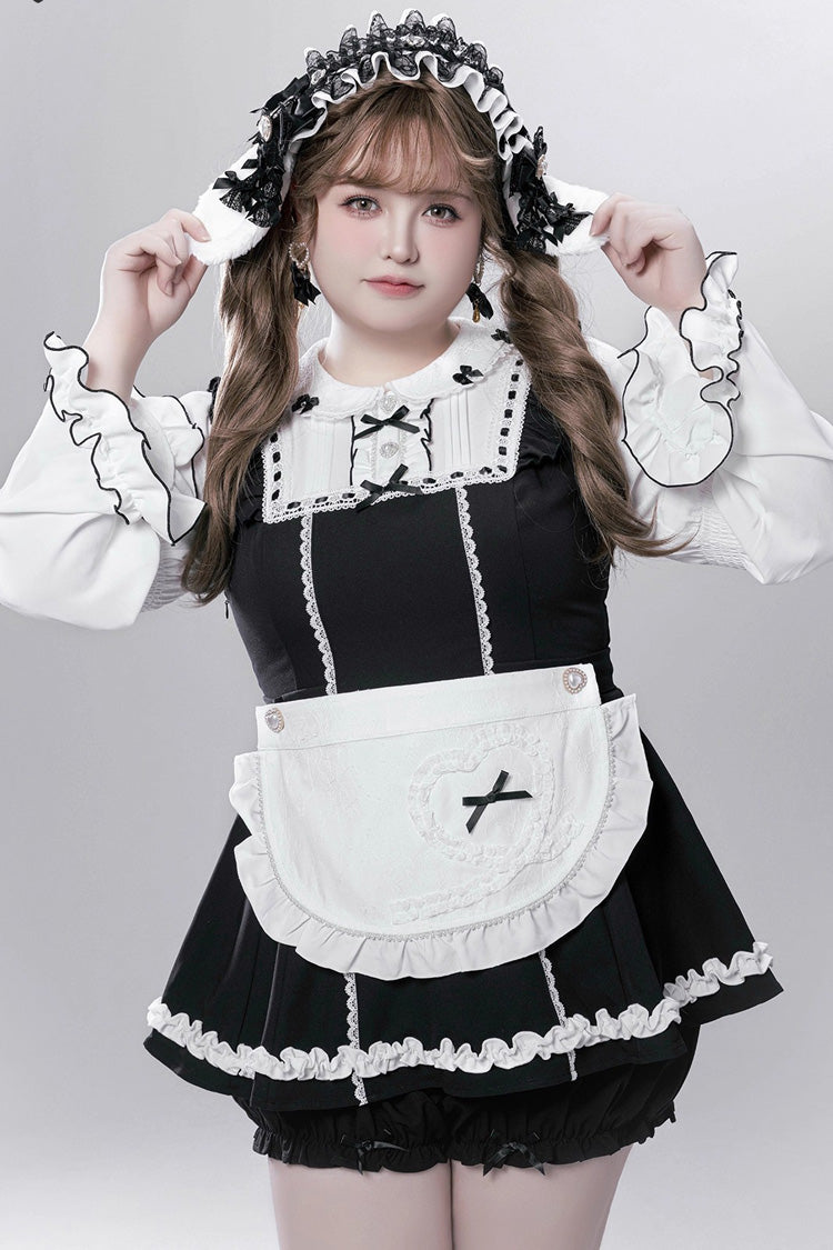 Black/White [Showcase Doll] Japanese Maid-Style Long Sleeves Ruffle Bowknot Jirai Kei Japanese Dress Shorts Set with Detachable Apron