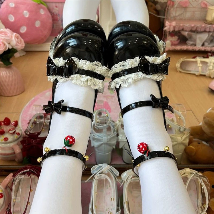 Round Toe Bow Lace Trim Mid Heel Lolita Mary Jane Shoes with Ankle Bells 6 Colors
