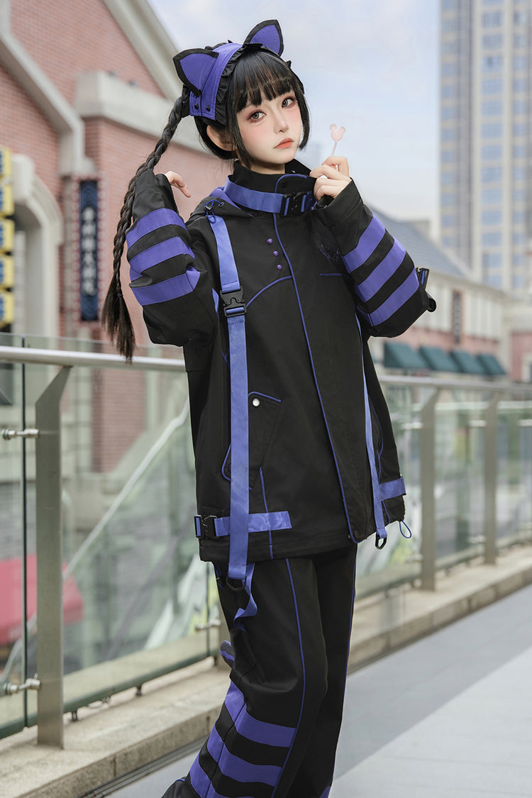 Blue/Black Long Sleeves Print Cat Ears Hooded Jirai Kei Handsome Coat