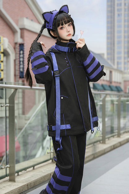 Blue/Black Long Sleeves Print Cat Ears Hooded Jirai Kei Handsome Coat