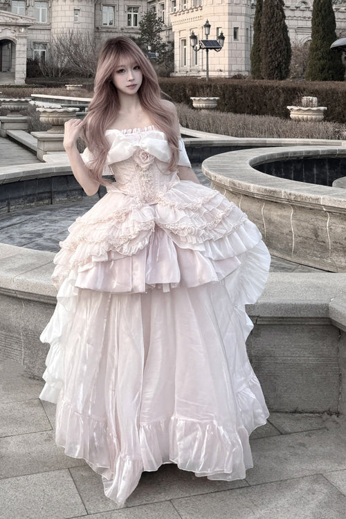 Pink Boat Neck Ruffled Bow Sweet Princess Lolita Dress