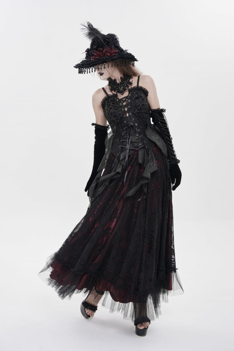 Black Ruffled Lace Lace-Up Slim Women's Gothic Overbust Corset