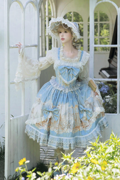 Blue [Unicorn] Print Sleeveless Multi-Layered Embroidery Bowknot Lace Sweet Lolita Jsk Dress