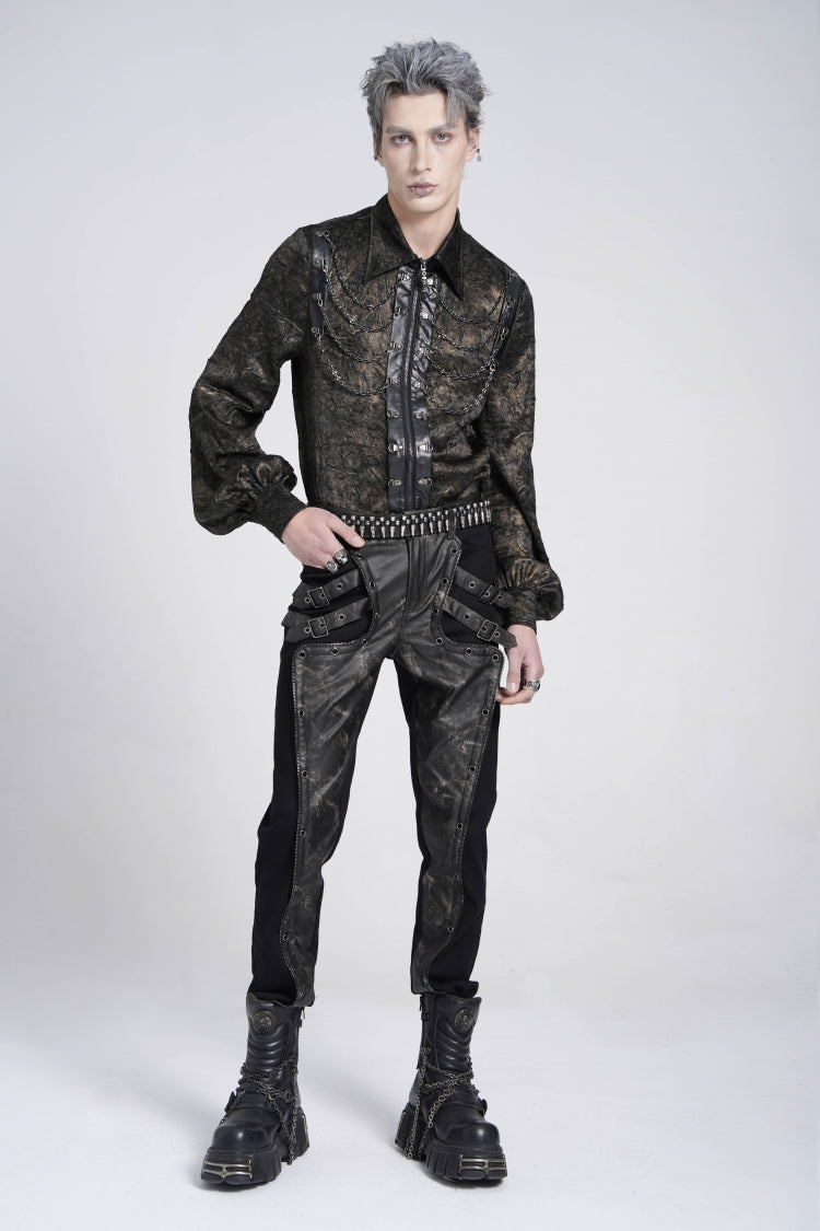 Black/Grey Faux Leather Stitching Buckle Men's Punk Pants