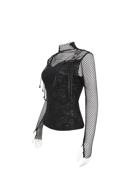 Black Turtleneck Adjustable Faux Suspenders Textured Knit Mesh Women's Punk T-Shirt