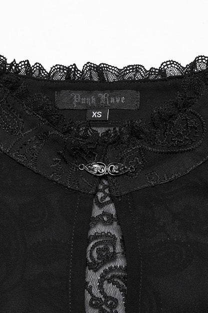 Black Stand Collar Long Puff Sleeves Jacquard Lace Women's Gothic Blouse