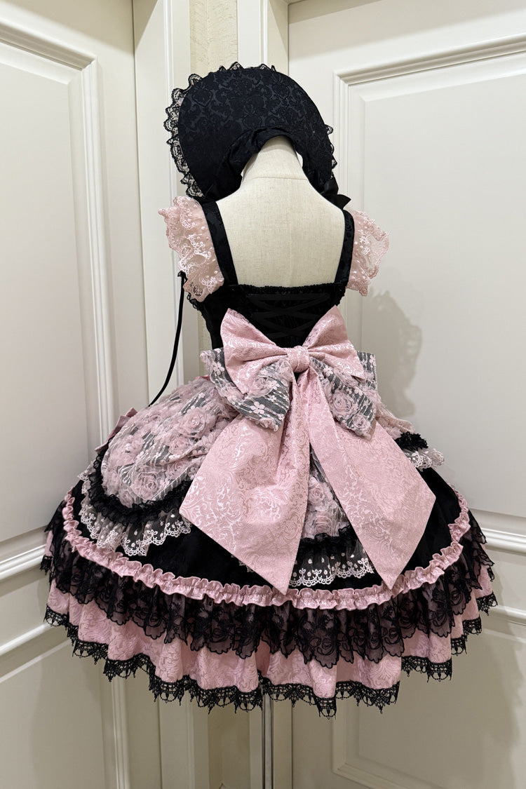 Black/Pink [Rose Princess] Sleeveless Ruffle Bowknot Lace Lace-Up Sweet Ballet Lolita Jsk Dress