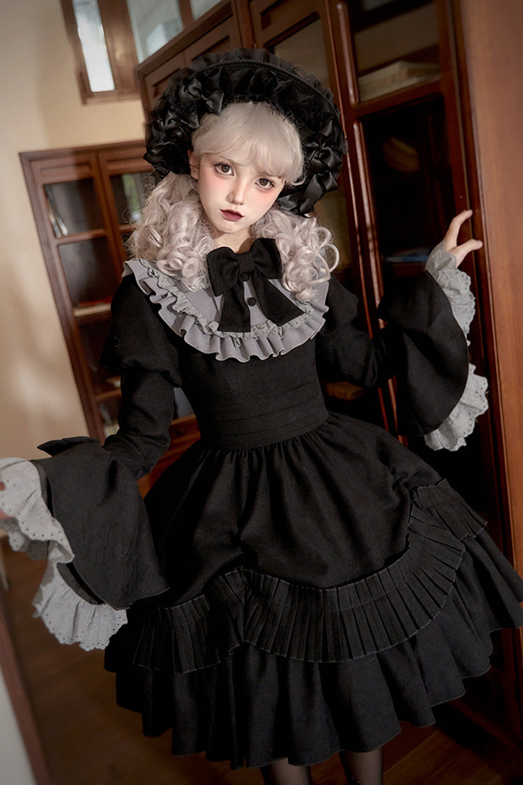 Black [Chapter of the Night] Long Hime Sleeves Ruffle Bowknot Gothic Lolita Dress