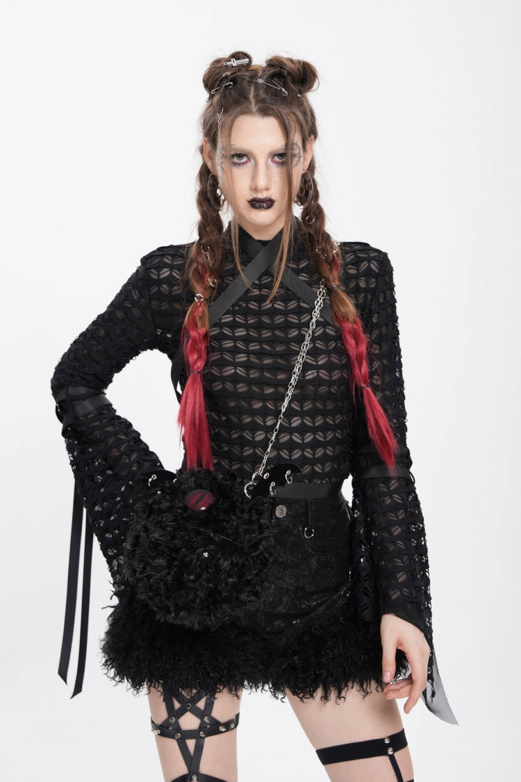 Black Stand Collar Long Sleeves Mesh Buckle Straps Women's Punk Blouse