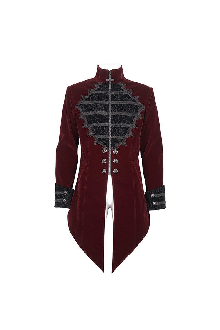 Red Stand Collar Lace Splice Swallow Tailed Men's Gothic Coat