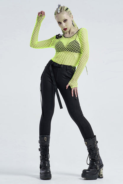 Green Long Sleeve Round Collar Shoulder Hollow Out Leather Hasp Coarse Mesh Women's Punk T-Shirt
