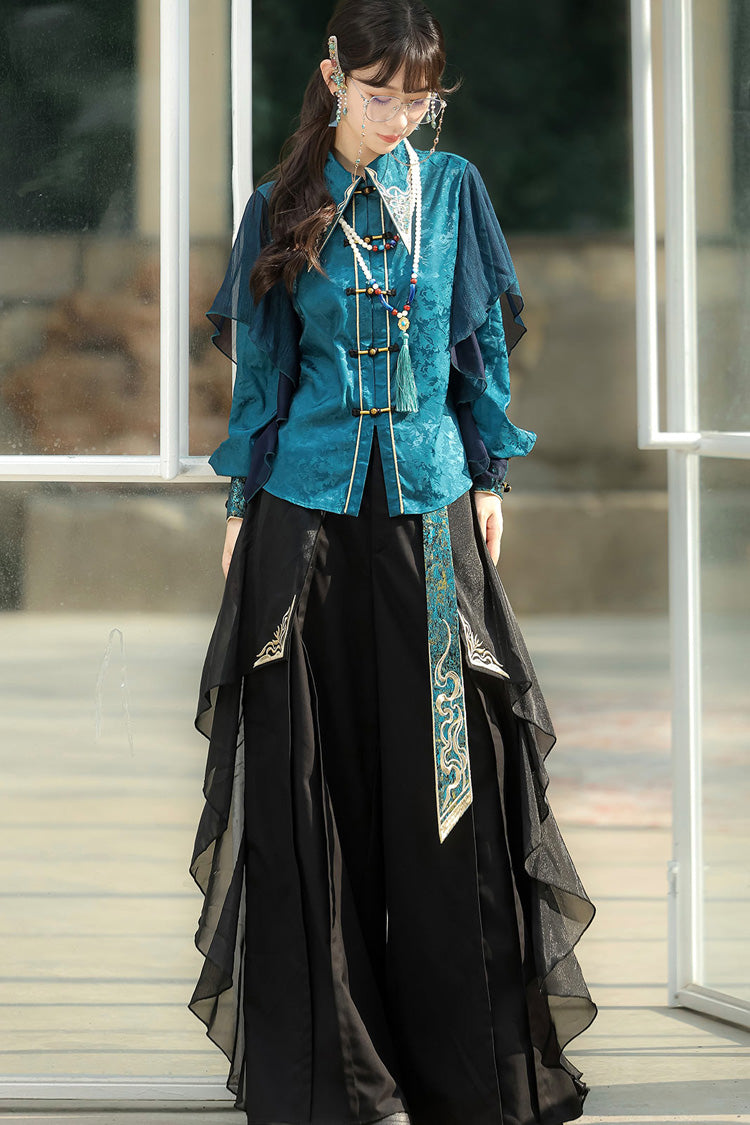 Black/Green Round Collar Long Sleeves Ruffle Embroidery Chinese Style Vintage Handsome Ouji Lolita Set
