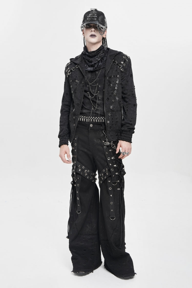 Black Spliced Lace-Up Mesh Ripped Men's Punk Baggy Pants