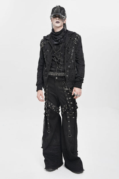 Black Spliced Lace-Up Mesh Ripped Men's Punk Baggy Pants
