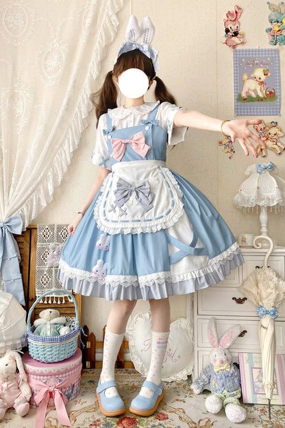 Blue [Picnic Rabbit] Ruffle Bowknot Lace Daily Sweet Lolita Jsk Dress Set