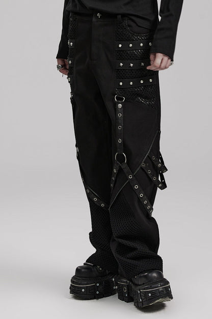 Cracked Leather Stitching Metal Rivet Decoration Mesh Men's Steampunk Pants 2 Colors