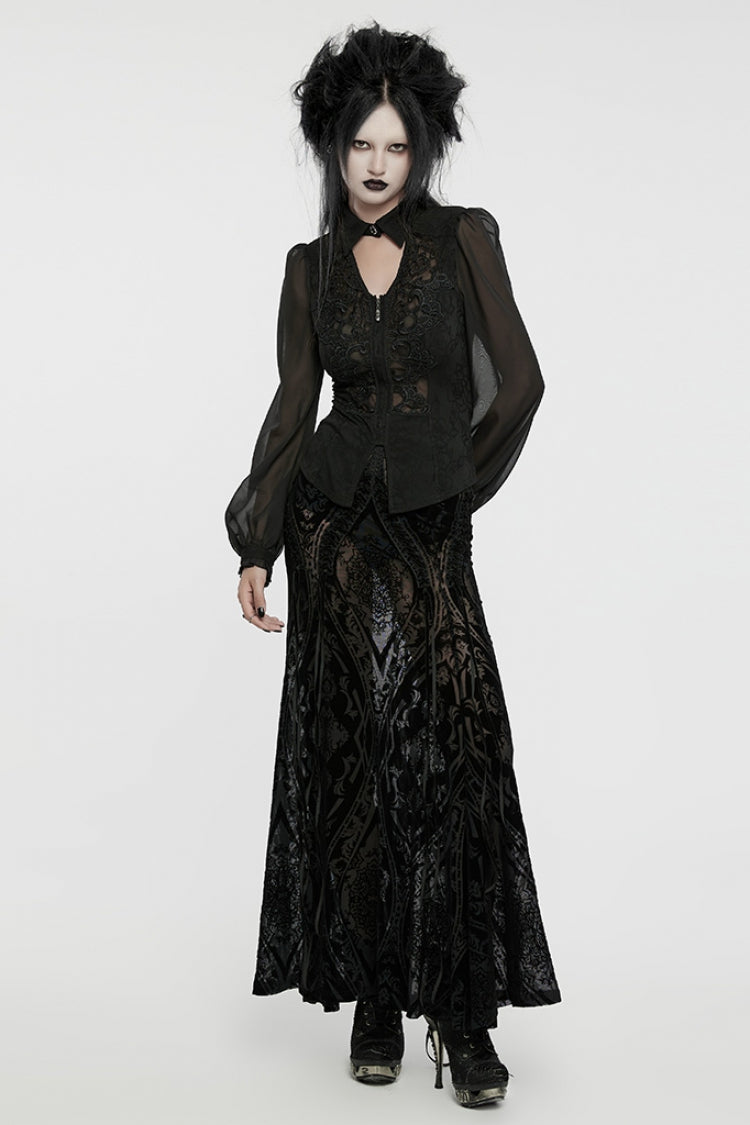 Black V Collar Long Puff Sleeves Embroidery Mesh Women's Gothic Blouse