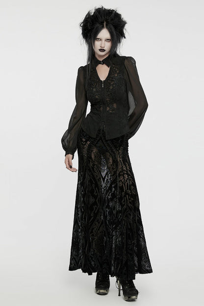 Black V Collar Long Puff Sleeves Embroidery Mesh Women's Gothic Blouse