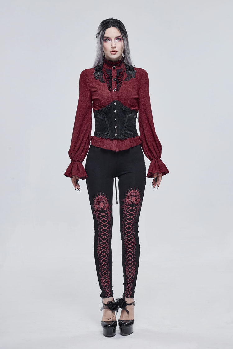 Black/Red Printed Decoration Tie Rope Elasticity Women's Gothic Leggings