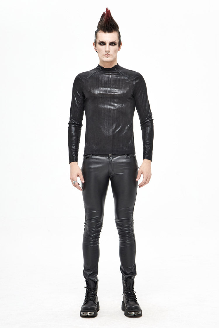 Black Zipper Neckline Long Sleeves Slim Mens Steampunk Top