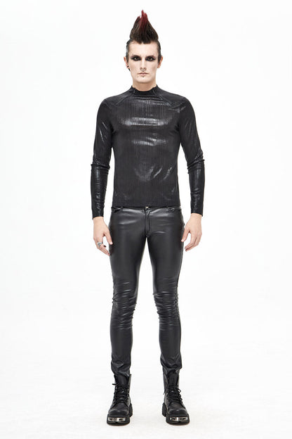 Black Zipper Neckline Long Sleeves Slim Mens Steampunk Top