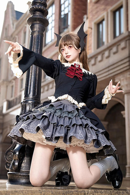 Black [Eternal Night Feast] Multi-Layered Ruffle Lace Gothic Princess Lolita Top and Skirt Set
