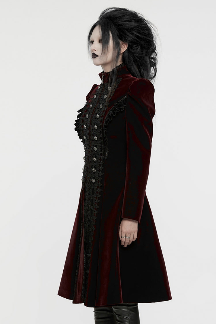 Black/Red Long Puff Sleeves Floral Embroidery Women's Gothic Coat