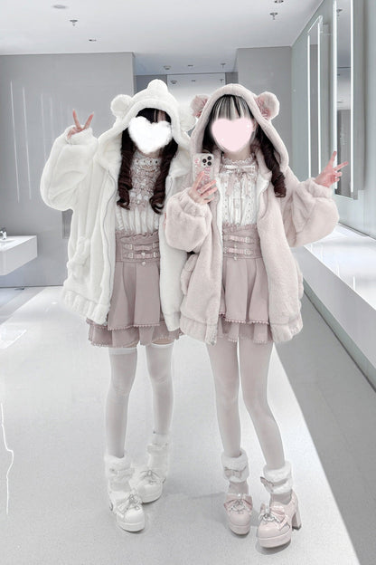 [Sleepy Bear Fluffy] Bear Ears Long Sleeves Bow Lace-Up Hooded Zippered Sweet Jirai Kei Japanese Coat