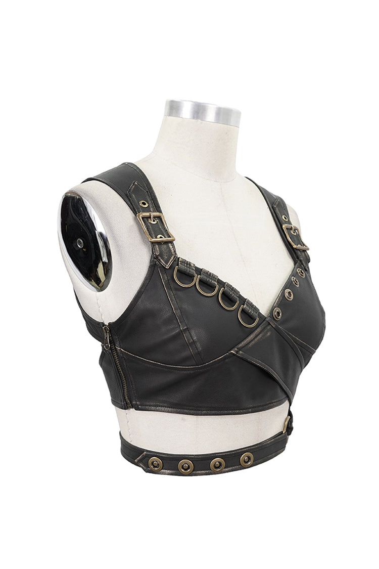 Brown Vintage Hand Wiped Leather Shoulder Loop Backless Lace Up Short Women's Punk Waistcoat