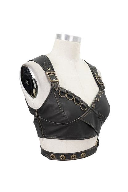 Brown Vintage Hand Wiped Leather Shoulder Loop Backless Lace Up Short Women's Punk Waistcoat